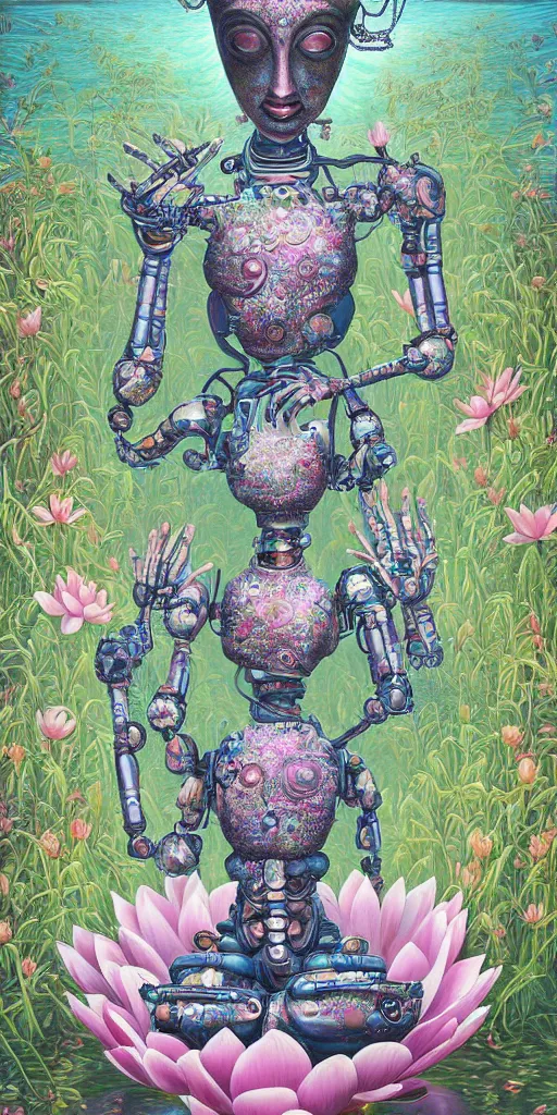 Image similar to a beautiful surrealist painting of a 1 0 0 0 armed quan yin robot standing in the lotus garden in deep contemplation of the infinite by hanna yata, digital art