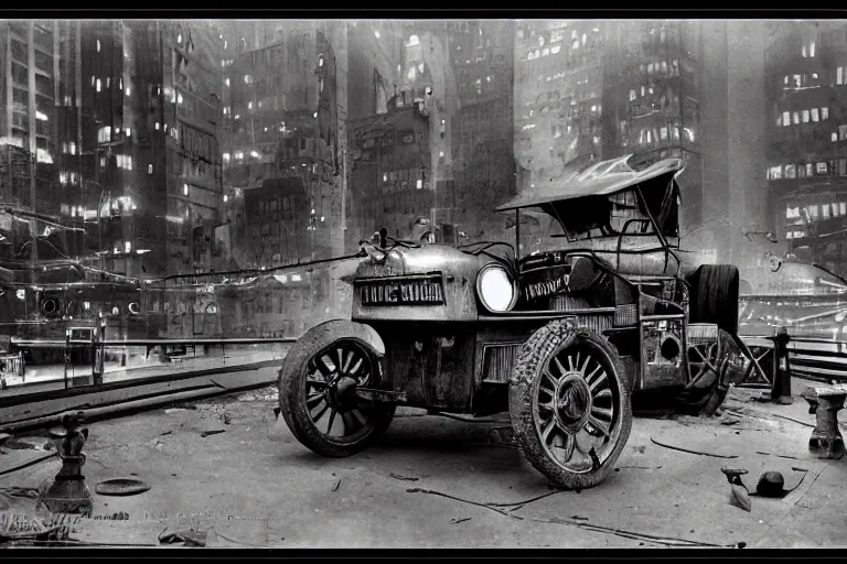 Image similar to cyberpunk 1 9 0 8 model ford t by paul lehr, metropolis, parked by view over city, vintage film photo, robotic, black and white photo