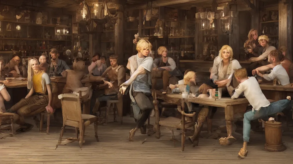 Image similar to A young blonde boy thief in a tavern surrounded by friends, octane render, high detail, photorealistic, High details,4k