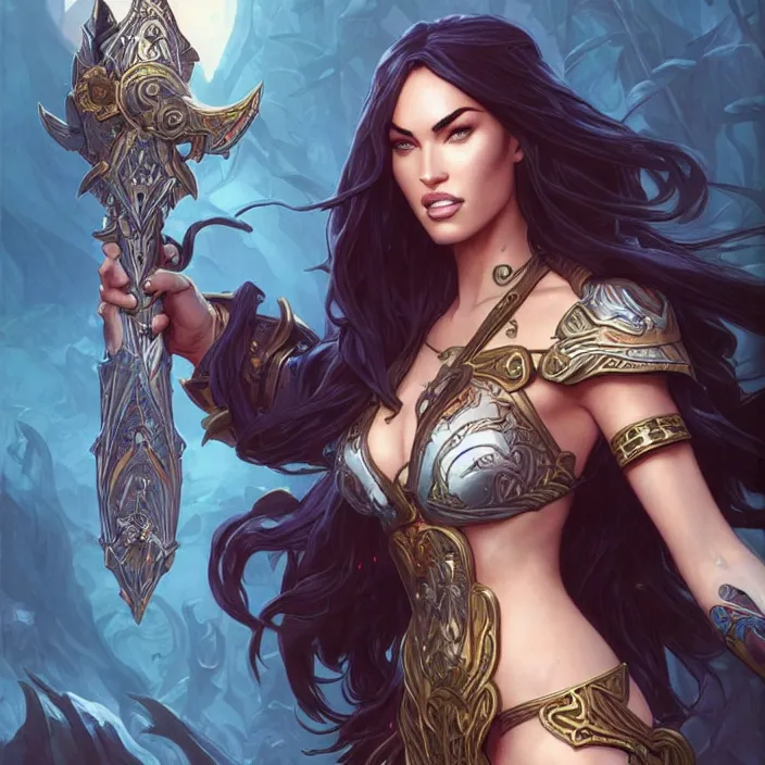 Image similar to megan fox in world of warcraft by artgerm, greg rutkowski, alphonse mucha