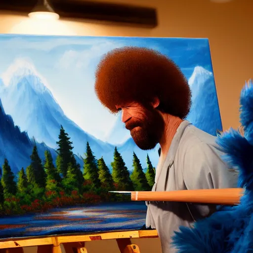 Image similar to a closeup photorealistic photograph of bob ross working on a canvas painting of cookie monster. film still. brightly lit scene. mountains and trees. this 4 k hd image is trending on artstation, featured on behance, well - rendered, extra crisp, features intricate detail, epic composition and the style of unreal engine.