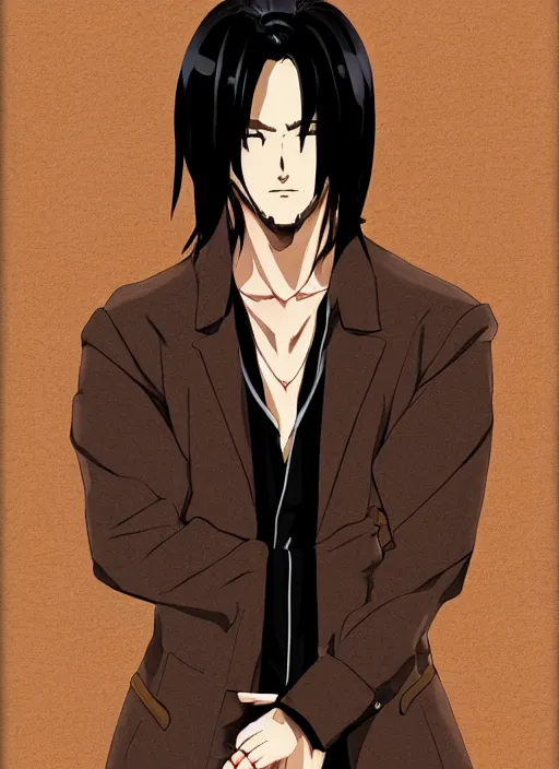 Image similar to anime style portrait illustration, handsome male vampire, focus on face, pretty, cinematic lighting, painterly, long black hair, dark blue shirt and light brown trenchcoat