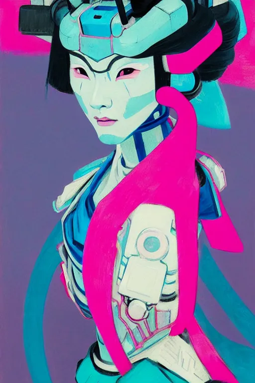 Image similar to portrait of a stylized japanese young mecha - geisha, painted in acrylic, pigment textures, in the colors hot pink and cyan, beautiful realistic face, rule of thirds, spotlight, by greg rutkowski, by jeremy mann, by francoise nielly, by van gogh, by ross tran, in focus, in the style of ghost in the shell