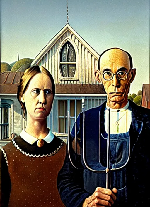 Image similar to a painting by grant wood of an astronaut couple, american gothic style