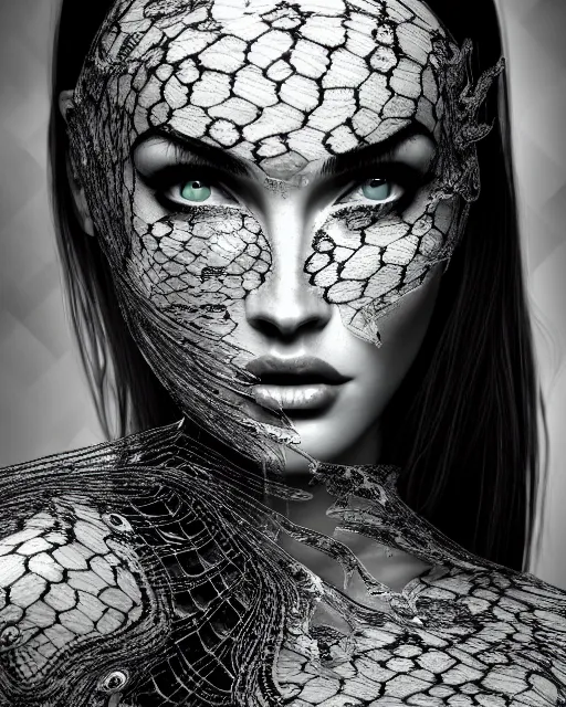 Image similar to surreal mythical dreamy artistic black and white fine art photo of megan fox - medus - cyborg covered with lace fish scales and translucent algae, highly detailed, intricate crystal ivy lace jelly fish scales ornate, poetic, octane render, 8 k, photo - realistic