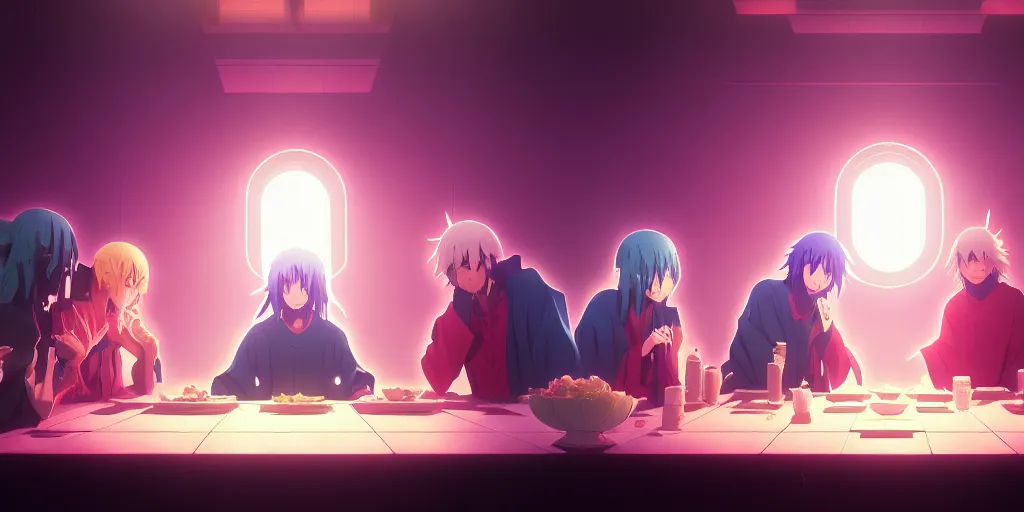 Prompt: anime last supper by beeple and greg rutkowski, digital painting, trending on artstation, sharp focus, 4 k