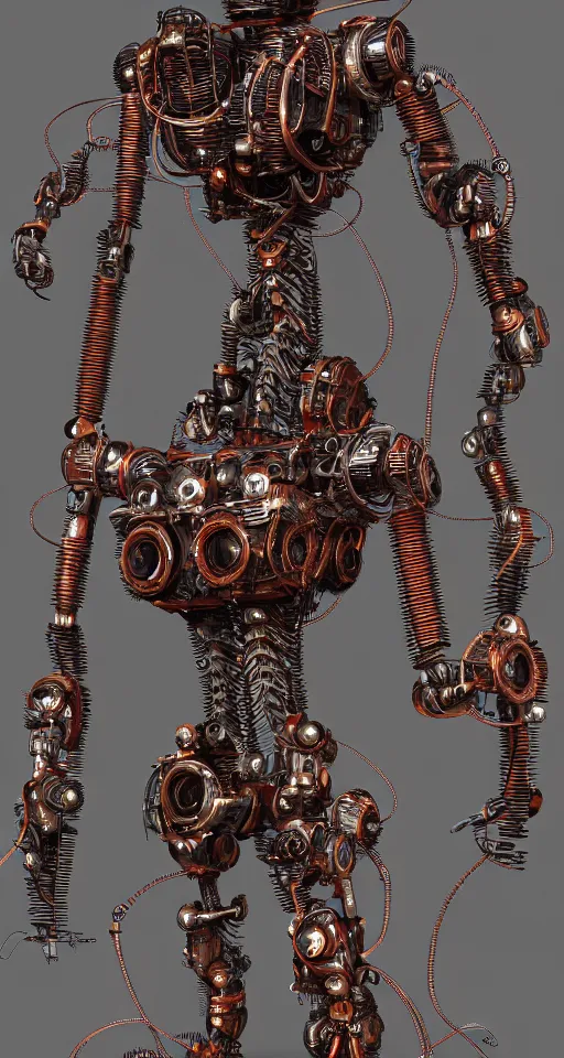 Image similar to Techno-biological rusty robot geisha consisting of wires and actuators. Biopunk, body armor, high detail, photorealism, full length view, concept art, Dan Mumford, Quixel Megascans, octane render, 16k, 8k