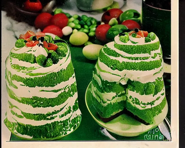 Image similar to 1970's cookbook color photograph of green ambrosia salad whipped cream sharp detail high detail