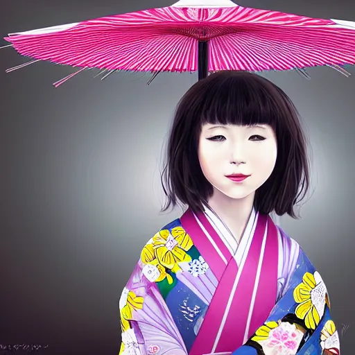 Image similar to centered portrait of beautiful Kawai Japanese girl in kimono holding an umbrella, hyperdetailed, digital painting, trending on CG society