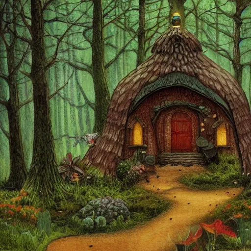 Image similar to Forest hut in the style of James Christensen