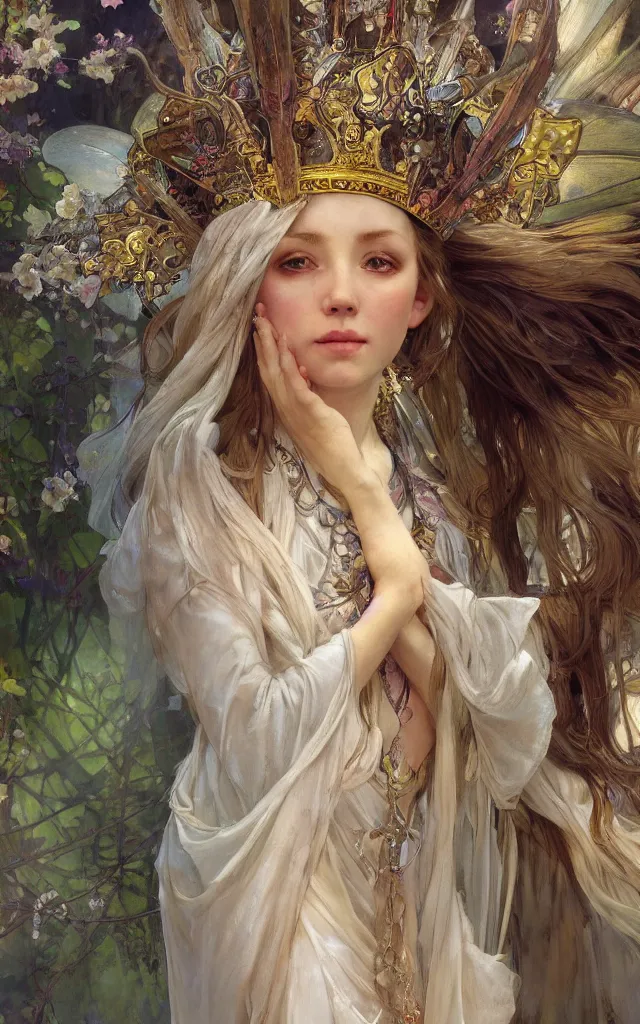 Image similar to hyperrealist portrait of a fairy girl emperorit is decorated with long robes that fall like stars and wears a huge crown. by jeremy mann and alphonse mucha, fantasy art, photo realistic, dynamic lighting, artstation, poster, volumetric lighting, very detailed faces, 4 k, award winning