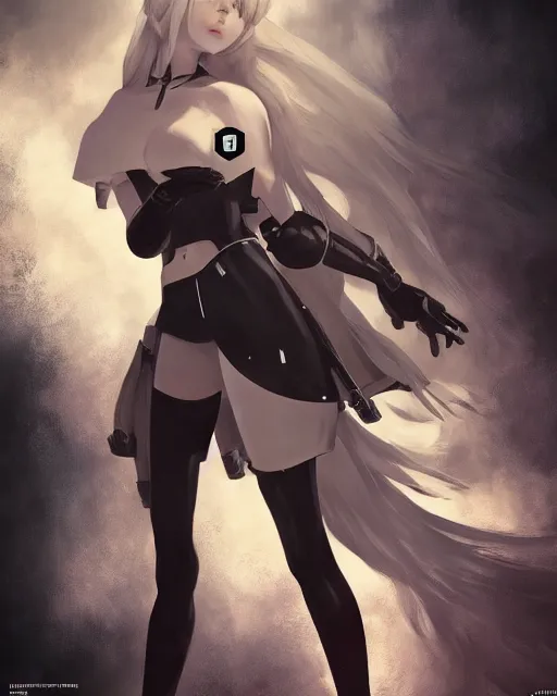 Image similar to full shot league of legends portrait of 2 b nier automata wearing a nazi uniform, au naturel, hyper detailed, digital art, trending in artstation, cinematic lighting, studio quality, smooth render, unreal engine 5 rendered, octane rendered, art style by klimt and nixeu and ian sprigger and wlop and krenz cushart.