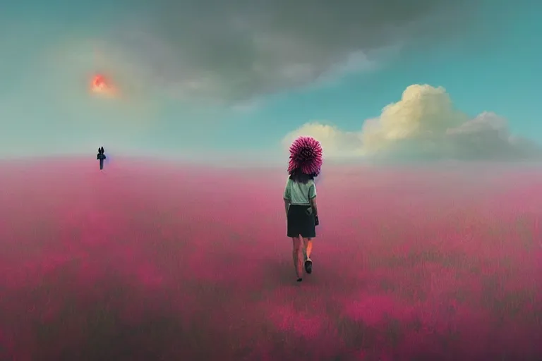 Prompt: giant dahlia flower crown head, girl walking, on mountain, surreal photography, pink storm clouds, dramatic light, impressionist painting, digital painting, artstation, simon stalenhag