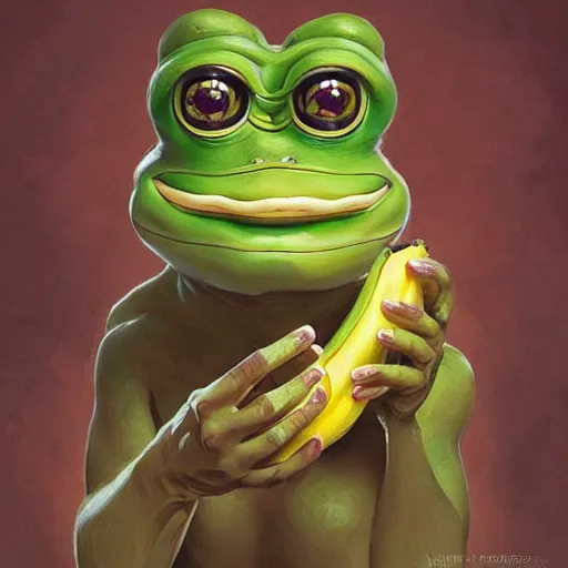 Image similar to Portrait of Little Pepe the frog playing with a big human face banana, intricate, wild, highly detailed, digital painting, artstation, concept art, smooth, sharp focus, illustration, art by artgerm and greg rutkowski and alphonse mucha