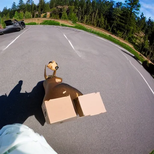 Image similar to Fisheye view of dinosaur stealing packages