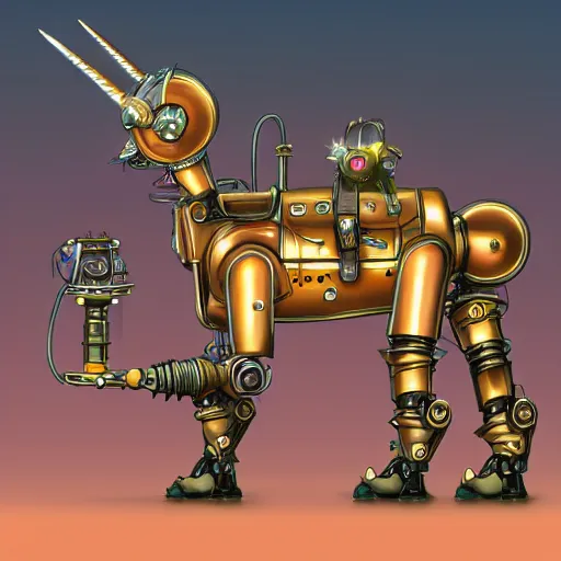 Image similar to digital illustration of a steampunk robot unicorn, deviantArt, artstation, artstation hq, hd, 4k resolution