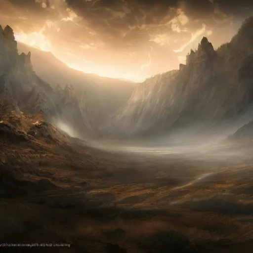 Image similar to huge valley, creepy valley, extreme drama, distant glow, hdr, movie still, fully photorealistic, artstation, beautiful concept art, sharp luminescent focus, nd 6, sony fx 6, glowing luminescent invocations