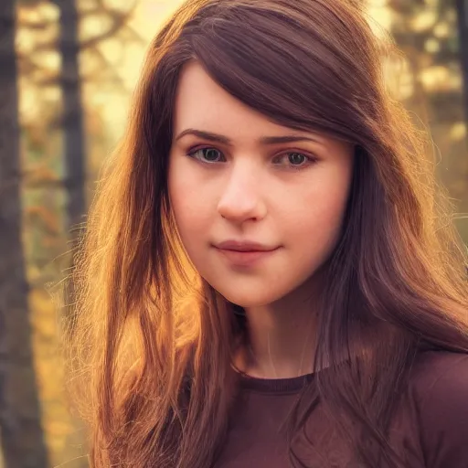 Image similar to real life photo of a beautiful girl, full body photoshoot, long brown hair, brown eyes, full round face, short smile, long sleeved belly free brown shirt, forest setting, cinematic lightning, medium shot, mid - shot, highly detailed, trending on artstation, unreal engine 4 k, 8 0 mm, 8 5 mm, cinematic wallpaper