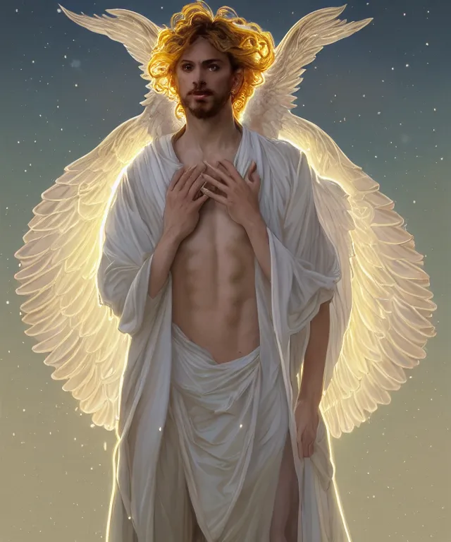Image similar to symmetrical fullbody portrait of a beautiful young fit male angel with curly blond hairs, full dressed in long fluent clothes, majestic big dove wings, luminous halo, by greg rutkowski and alphonse mucha, gradient white to gold, in front of an iridescent background, highly detailed portrait, digital painting, artstation, concept art, smooth, sharp focus illustration