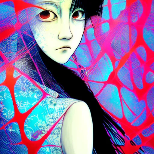 Prompt: yoshitaka amano blurred and dreamy three quarter angle portrait of a young woman with white hair and black eyes wearing dress suit with tie, playstation 2 horror game illustration, junji ito abstract patterns in the background, satoshi kon anime, chungking express color palette, glitches, film grain effect, highly detailed, renaissance oil painting, weird camera angle