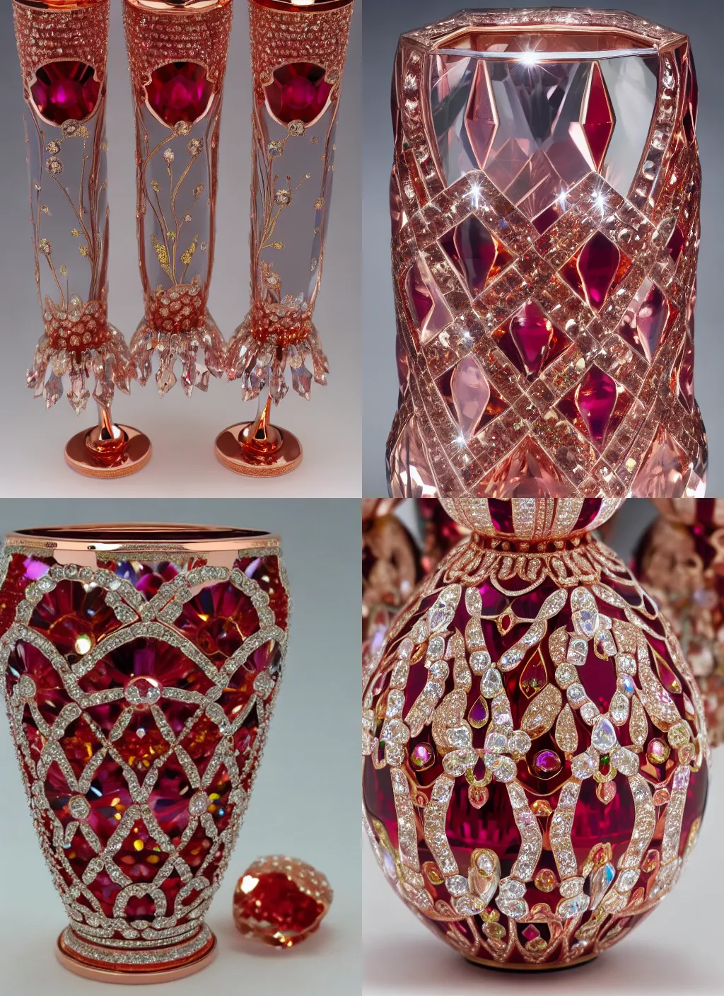 Prompt: elaborate swarovski crystal faberge vases crimson and rose gold diamonds opals rubies, 4 k, reflections