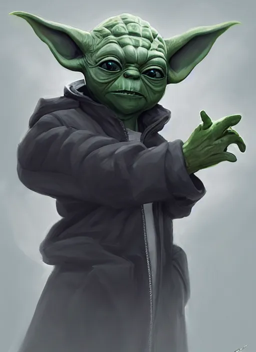 Prompt: Yoda wearing a black puffer jacket, wearing a baseball cap, elegant, digital painting, concept art, smooth, sharp focus, illustration, from StarCraft by Ruan Jia and Mandy Jurgens and Artgerm and William-Adolphe Bouguerea