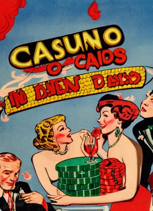 Image similar to casino in hell, devils and sinners play in the casino, advertising in the style of american art of the 1 9 5 0 s in color