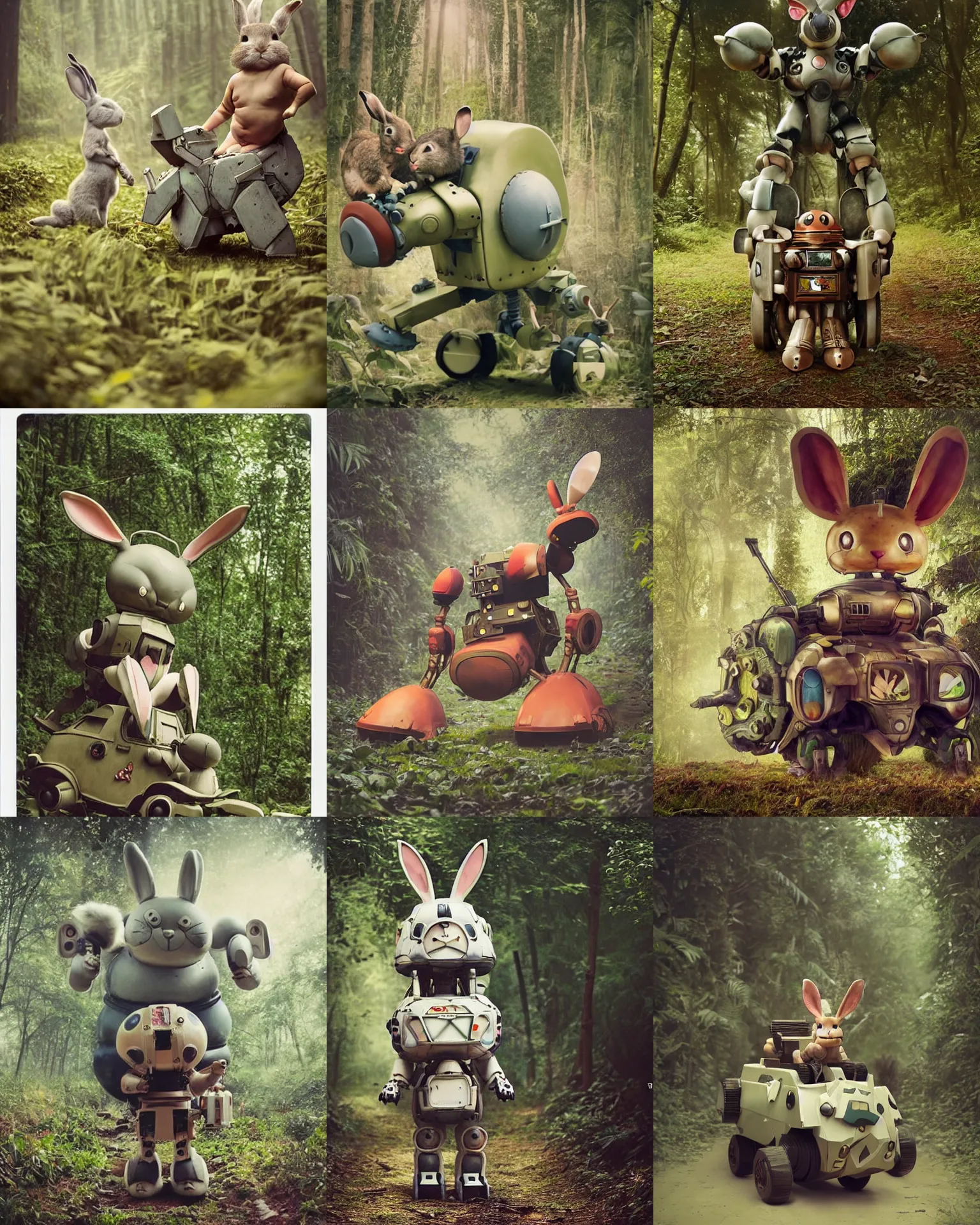Prompt: attack pose !! giant oversized battle rabbit robot chubby mech baby as muscular train with big ears and rabbit , on a jungle forest , full body , Cinematic focus, Polaroid photo, vintage , neutral dull colors, soft lights, foggy ,random weather, by oleg oprisco , by victor enrich