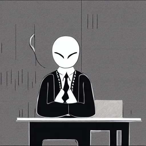 Image similar to dark lord sitting at desk, 3 / 4 view, portrait, ghibli, red demon cyberpunk symbols