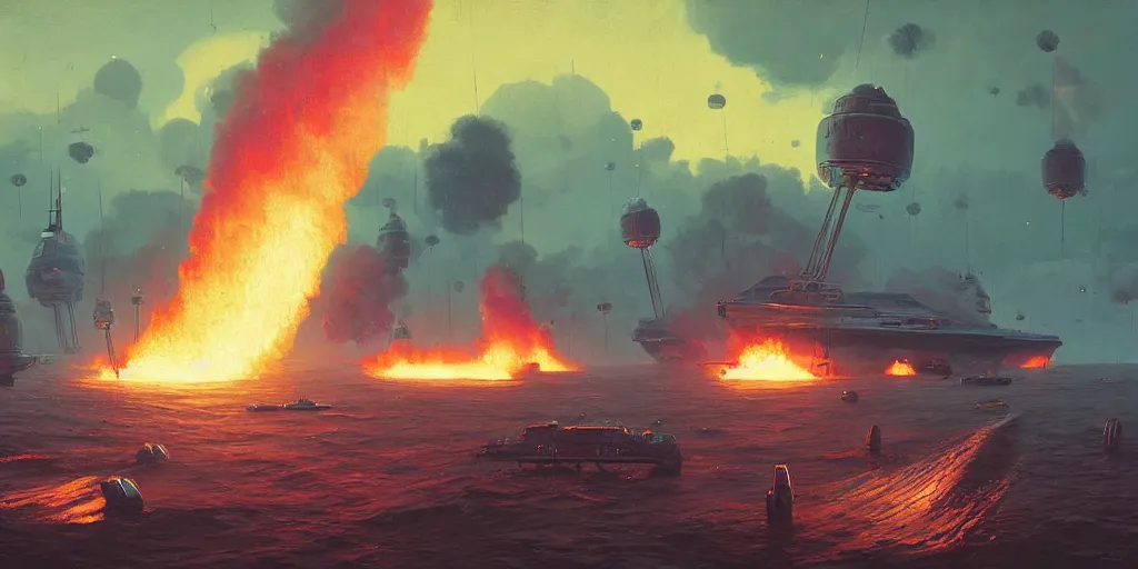Prompt: attack ships on fire off the shoulder of orion by simon stalenhag