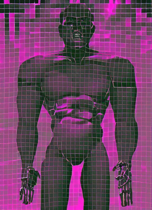 Image similar to black background, statue of hercules, ( ( ( skeleton ) ) ), grey, thin lines, dark, red and purple grid and lines, glitch art, neo vaporwave, gritty, movie poster, layout design, trending on artstation