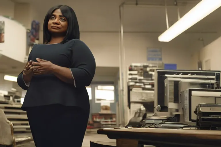 Prompt: cinematic screenshot of octavia spencer in a used electronics store standing in front of an old keyboard, iconic scene from the paranoid sci fi thriller film directed by pt anderson, apartment set in the near future, cinematic shot with anamorphic lenses, color theory, apartment design, leading lines, photorealistic, volumetric lighting, 2 0 2 2 4 k film