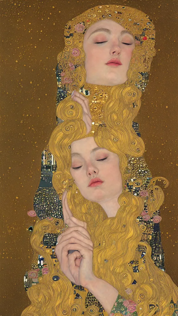 Image similar to a soft and breathtaking detailed painting of a sleeping blonde princess in the style of Gustav Klimt, , shiny gold, elegant, highly detailed, artstation, concept art, matte, sharp focus, art by Gustav Klimt