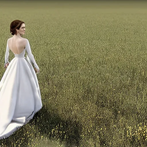 Image similar to emma watson in her wedding dress on a vast field, extremely long hair, unreal engine