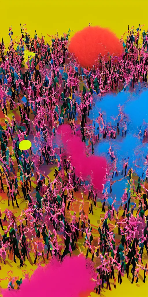 Image similar to group of giant sakura-colored people dancing made out of fluffy pipe cleaners in the style of Jean-Michel Basquiat, 3D cinematic lighting, spotlight at a 90 DEGREE ANGLE, photorealism, octane render, depth of field, 8k, 35mm, artgem, Trending on artstation