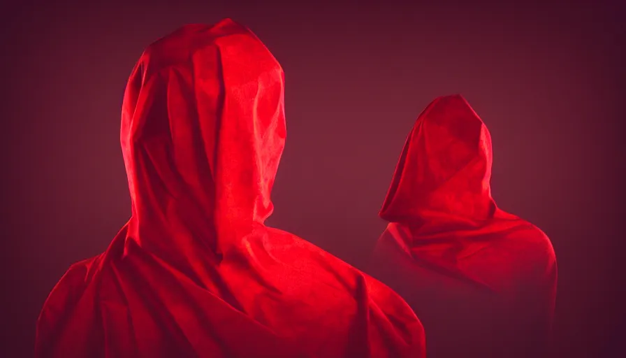 Image similar to photograph of enigmatic figure wrapped in red sheet in darkness, high contrast, hard light, digital art, rendering, cloth simulation, redshift