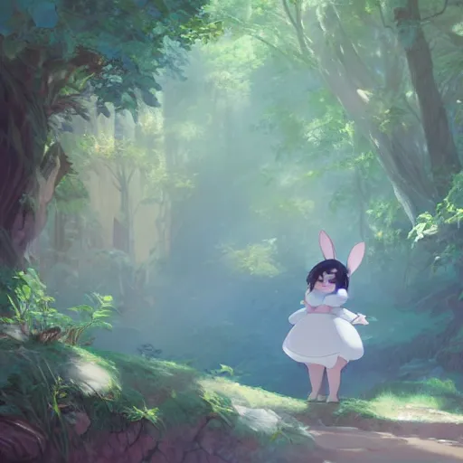 Image similar to concept art painting of a chubby white rabbit wearing a turquoise dress, in the deep forest, realistic, detailed, cel shaded, in the style of makoto shinkai and greg rutkowski and james gurney