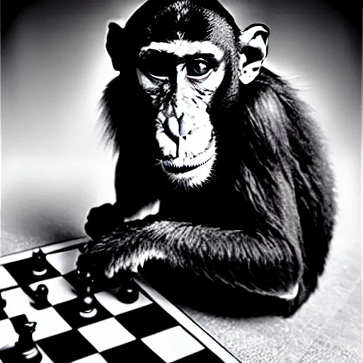 Image similar to black and white portrait photo of a monkey eating a chess piece by annie liebovitz,