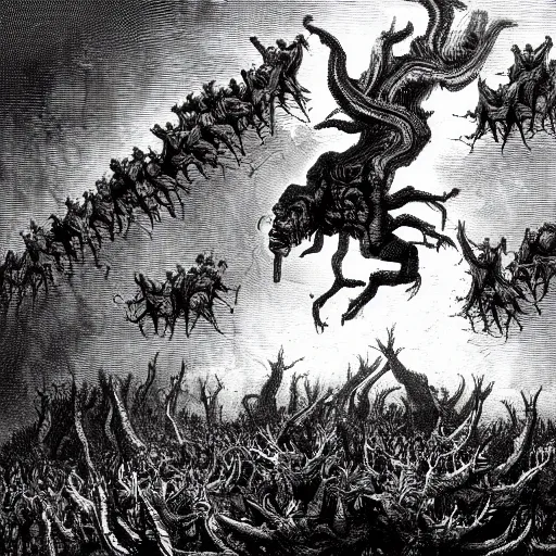 Image similar to A wide shot of a swarm of demons flying up from the depths of Hell in the style of Gustave Dore