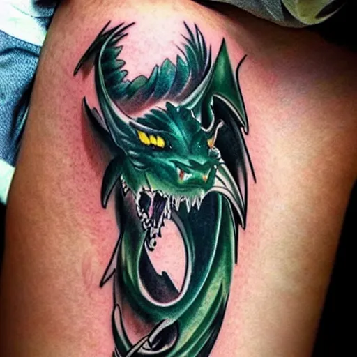 Image similar to simple anime manga full color dragon!! Emerald and obsidian dragon, forearm tattoo, tattoo