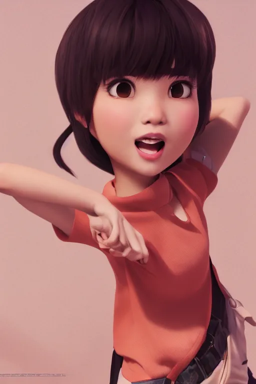 Image similar to a cute Asian girl singing, short stylish hair in the style of DreamWorks animation, mid-shot, profile, low angle view, 16mm lens, award winning, hyper detailed, studio lighting, artstation, octane renderer, unreal engine