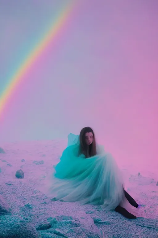 Image similar to high quality pastel coloured film close up wide angle photograph of a model wearing clothing resting on cloud furniture in a icelandic black rock environment in a partially haze filled dreamstate world. three point light, rainbow. photographic production. art directed. pastel colours. volumetric clouds. pastel gradient overlay. waves glitch artefacts. extreme facial clarity. 8 k. filmic.