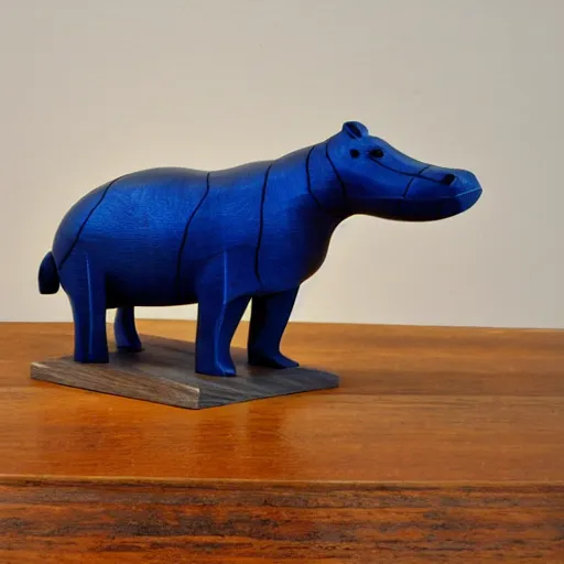 Image similar to wood block small hippo statue, wood blocks bottom hippo body, blue chrome top hippo body, by a genius craftsman, highly detailed, wood block legs