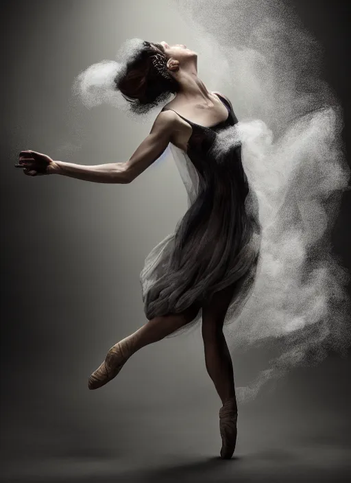 Image similar to a Photorealistic dramatic hyperrealistic render of a beautiful Female smoke dancer by Ken Brower and Deborah Ory of NYC Dance project,Lois Greenfield,Flowing cloth and smoke,Beautiful dynamic dramatic dark moody lighting,volumetric,shadows,cinematic atmosphere,Octane render,8K