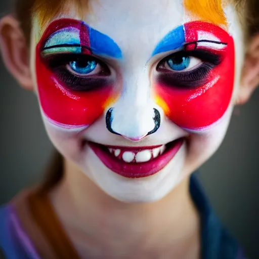 Image similar to a portrait of a abstract girl who has abstract face - painting like a clown smiling creepily. depth of field. lens flare