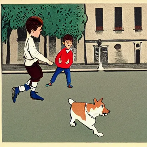 Prompt: book illustration of a french boy on the streets of paris playing football against a corgi, the dog is wearing a polka dot scarf, 1 9 6 6