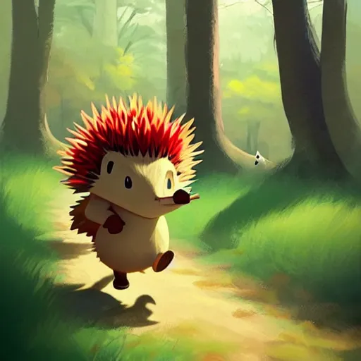 Image similar to goro fujita ilustration a cute hedgehog walking in the forest, painting by goro fujita, sharp focus, highly detailed, artstation