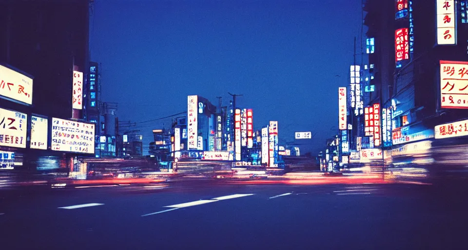 Prompt: blue hour in a japanese metropolis, shot on cinestill 5 0 d with a 3 5 mm lens aperture f / 8, dynamic composition, high camera angle, wide angle, full frame, full res, pinpoint sharp focus, hyper realistic