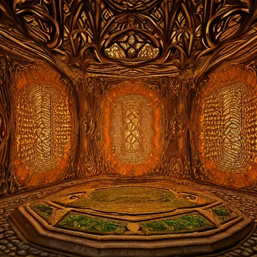 Image similar to Photorealistic magic elven temple made of intricately woven birch woodwork. Hyperdetailed photorealism, 108 megapixels, amazing depth, glowing rich colors, powerful imagery, psychedelic Overtones, 3D finalrender, 3d shading, cinematic lighting, artstation concept art