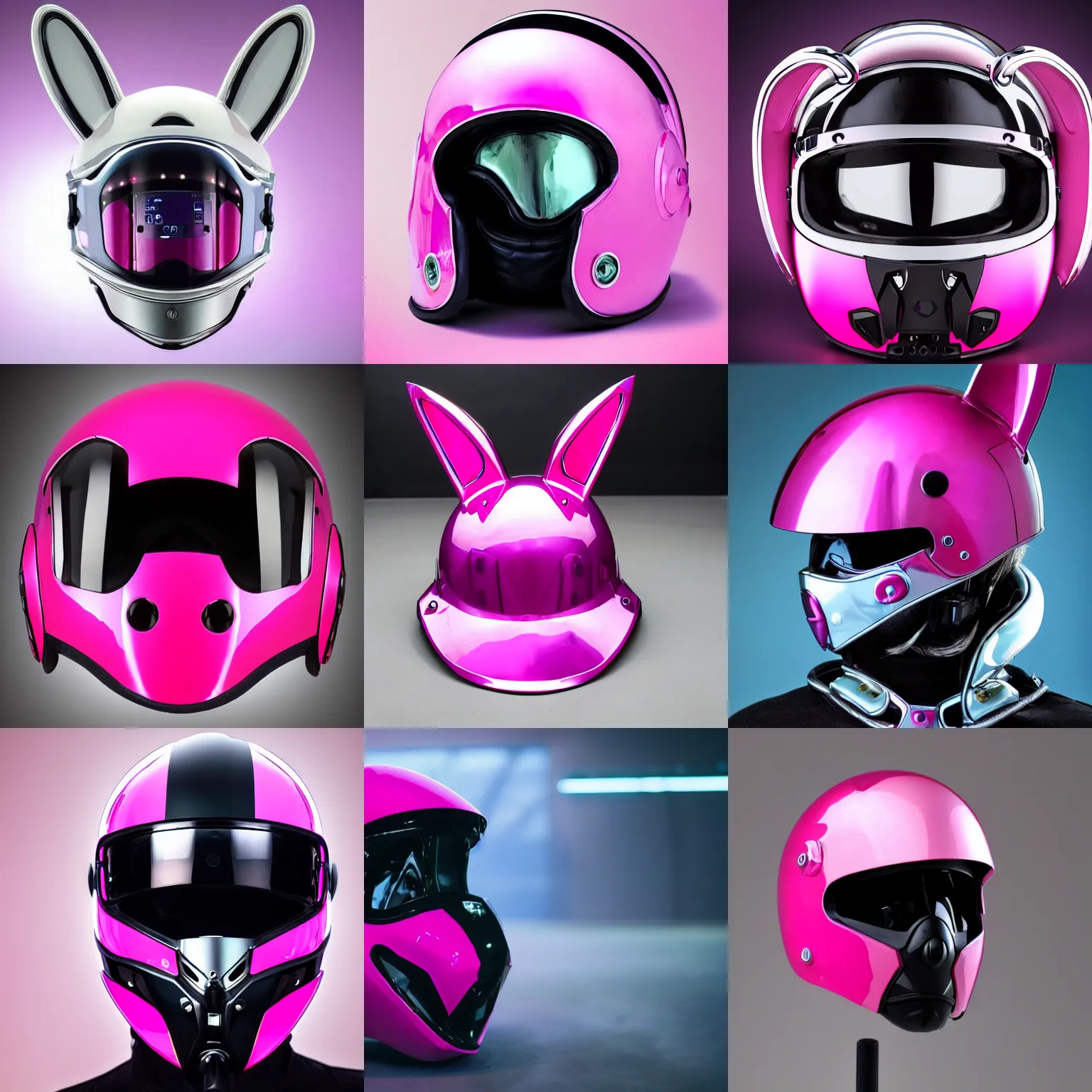 Prompt: official photo of a motorcycle helmet, cyberpunk, robotic futuristic pink rabbit themed helmet, sony produced, techwear, chrome, cyber, bunny, very long, large ears, aesthetic, helmet, rabbit, rabbit shaped helmet, cybernetic, cyberpunk